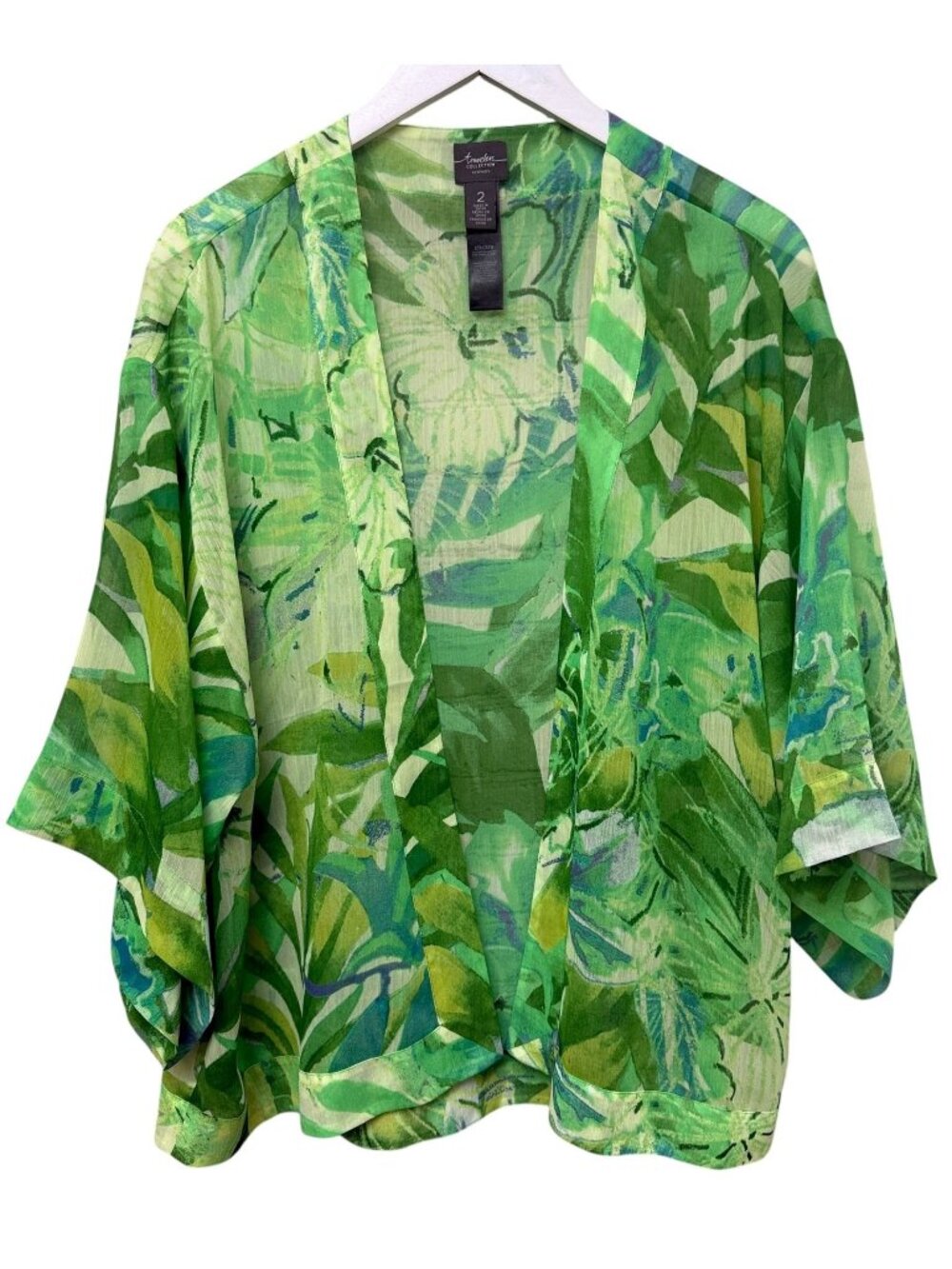 CHICOS Chiffon Kimono Jacket Womens Large Green Tropical Print Sheer Light NWOT